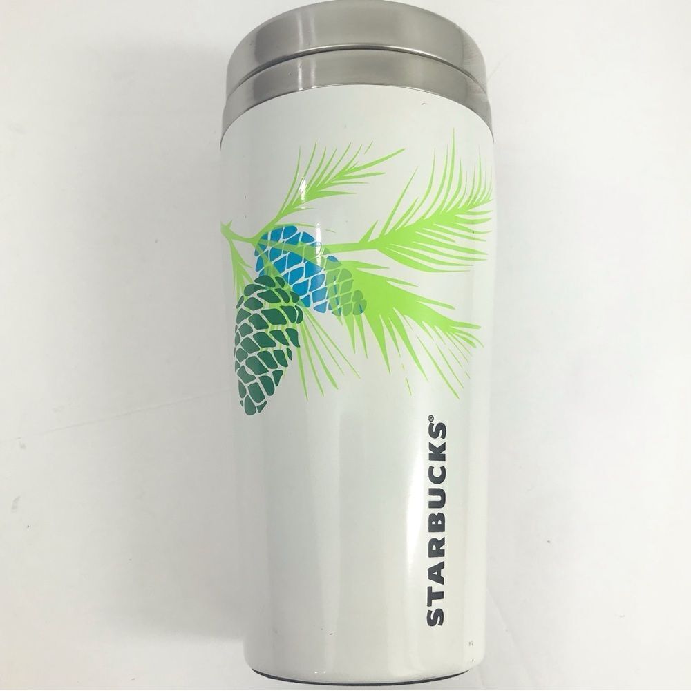 Starbucks White Travel Tumbler Green and Blue Pine Cone and Branch Design - Picture 3 of 13
